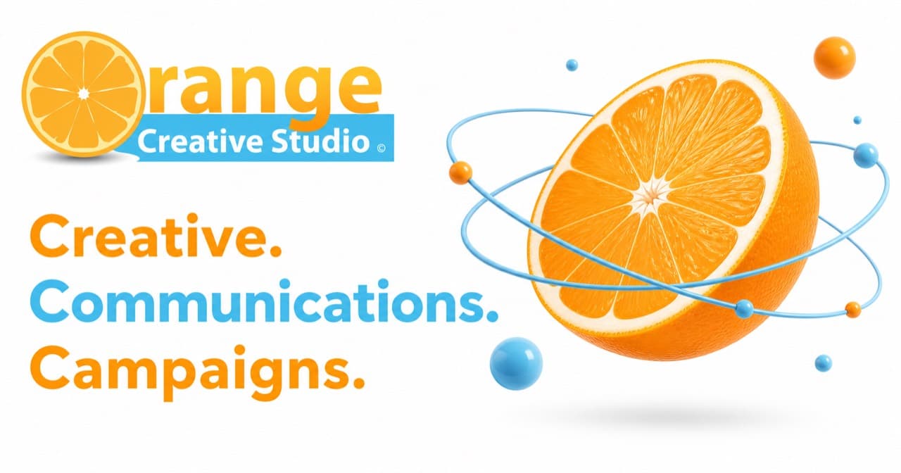 A dimensional orange surrounded by blue orbital rings and floating citrus and sky spheres.